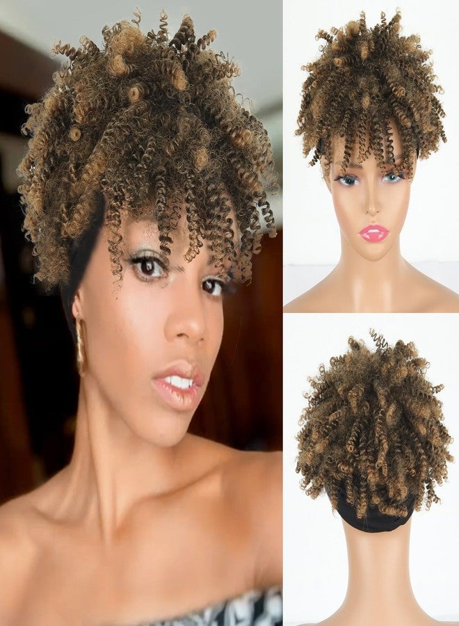 Aisaide Ombre Brown Afro Kinky Curly Wig with Bangs - Natural Synthetic Curly Wig with Headband Attached - Image 1