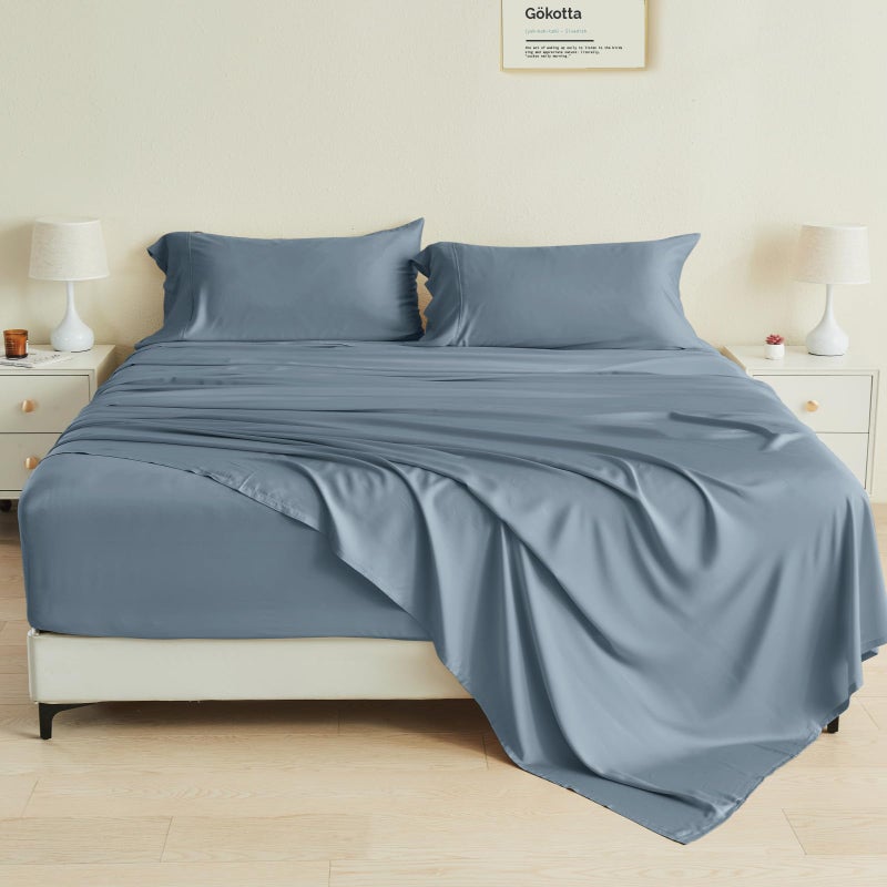 GOKOTTA 4Pcs Full Sheet Set 100 Rayon Derived from Bamboo 15 Deep Pocket Full Size Bed Sheets with Elastic Corner Straps Cooling Sheets for Hot Sleepers  Silky Soft  Breathable  Blue