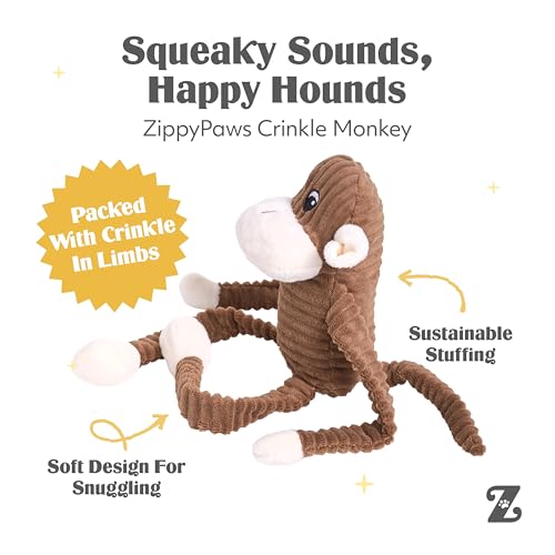ZippyPaws Spencer The Crinkle Monkey Plush Dog Toy with Round Squeaker and Crinkle Arms and Legs, Large, Brown - Image 3