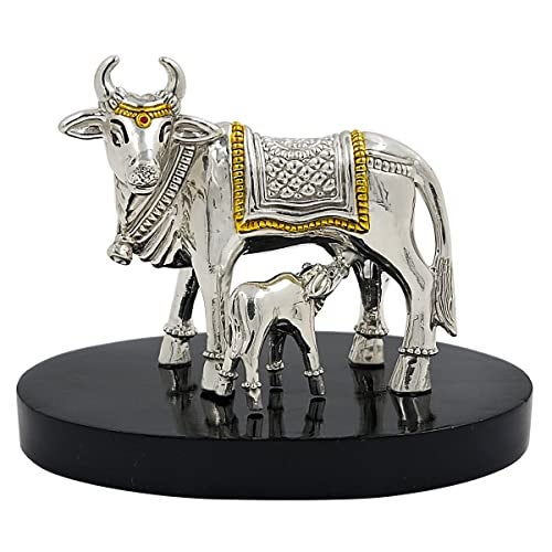 MAA SILVER Pure Silver Kamdhenu Cow and Calf BIS Hallmarked Hollow Idol Statue on Wooden Base Perfect for Gifting Home Office Puja Good Luck Wishes (999 Purity)(60 Grams Silver) - Image 1