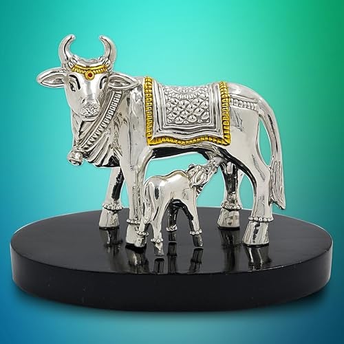 MAA SILVER Pure Silver Kamdhenu Cow and Calf BIS Hallmarked Hollow Idol Statue on Wooden Base Perfect for Gifting Home Office Puja Good Luck Wishes (999 Purity)(60 Grams Silver) - Image 5