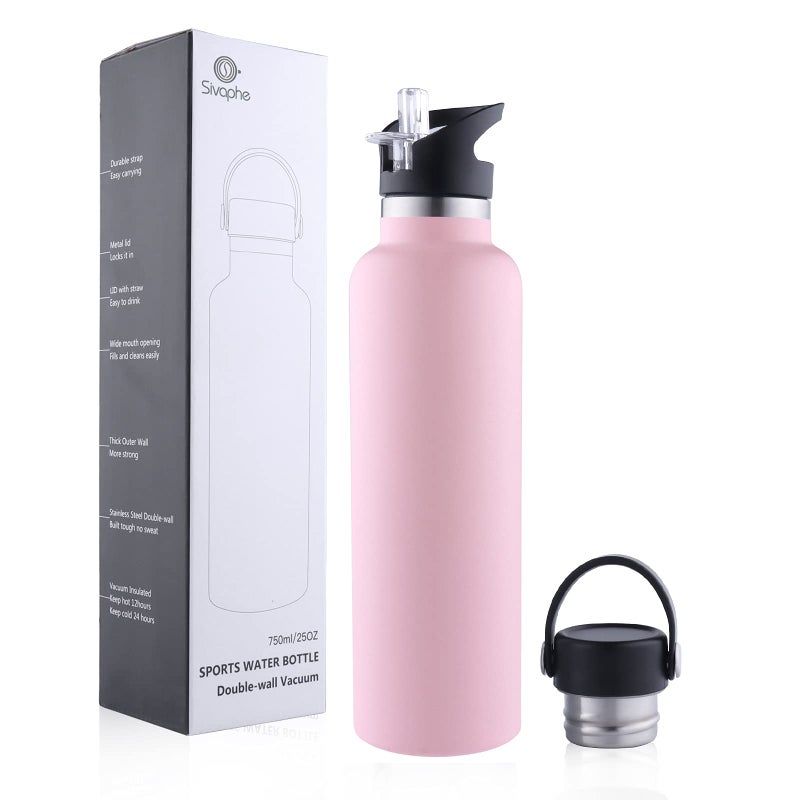 Sivaphe Water Bottle Insulated Bottle Drink Flasks LeakProof for Sports Outdoor Stainless Steel Double Walled Vacuum with Lids and Straw 750ml Pink