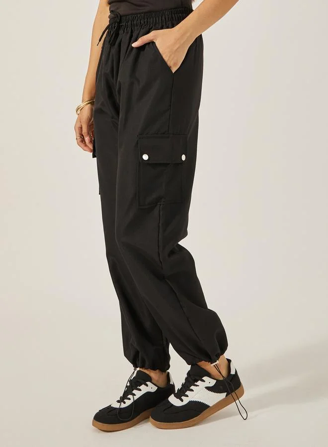 Styli Solid Elasticated Waistband Cargo Joggers with Drawstring