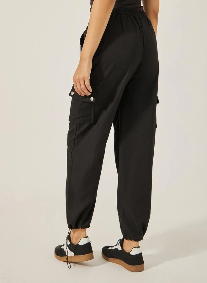 Styli Solid Elasticated Waistband Cargo Joggers with Drawstring