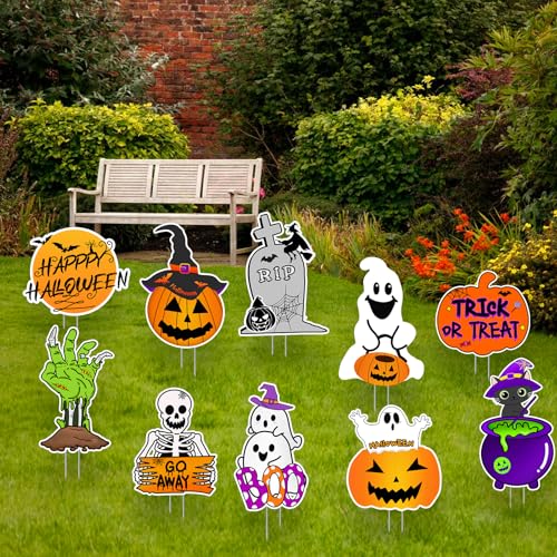 GRMIKBU 10 PCS Cute Halloween Decorations Outdoor Yard SignsLarge Yard Stakes Signs Pumpkin GhostHalloween Lawn Decoration for Family Friendly Kids Home Party Plastic Halloween Yard Stakes - Image 3