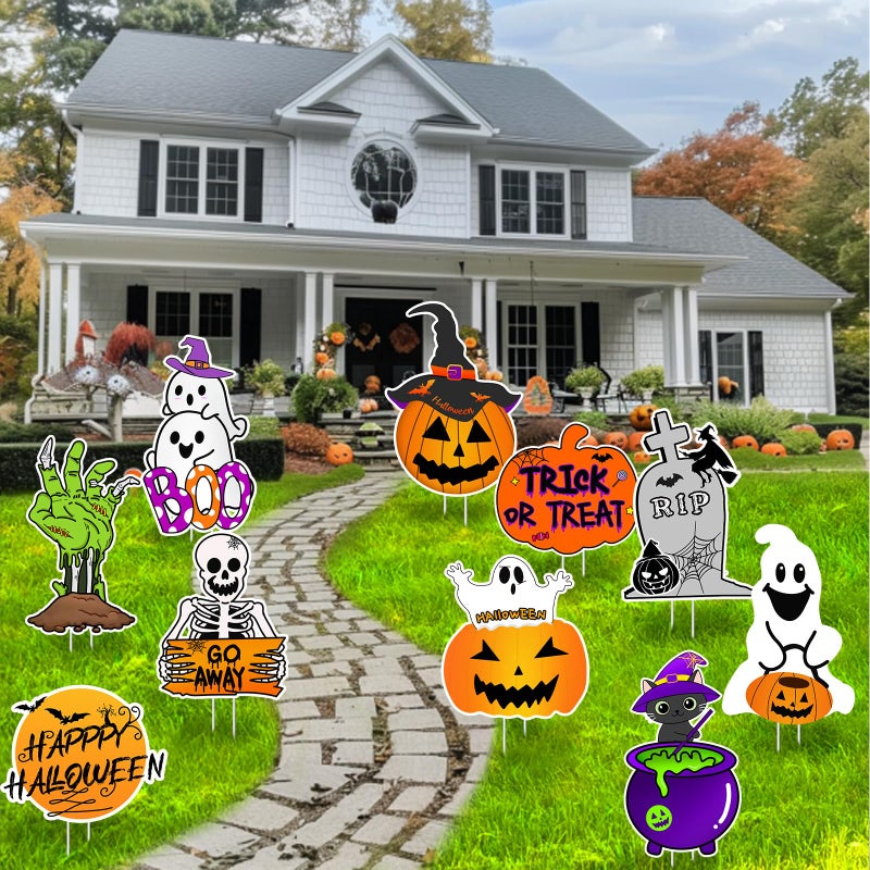GRMIKBU 10 PCS Cute Halloween Decorations Outdoor Yard SignsLarge Yard Stakes Signs Pumpkin GhostHalloween Lawn Decoration for Family Friendly Kids Home Party Plastic Halloween Yard Stakes - Image 2