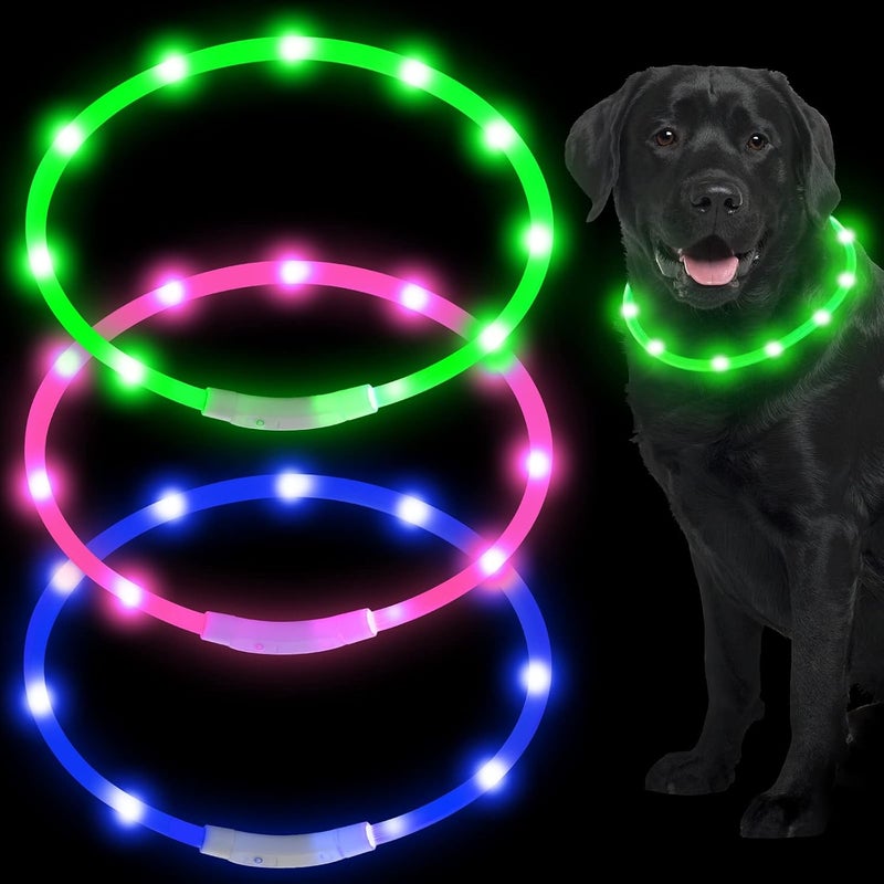 3 Pieces LED Dog Collar Light Up Dog Collars USB Rechargeable Water Resistant Pet Collar Cuttable Glowing Dog Collar Pet Safety Necklace Loop for Dogs, Pink, Green, Blue (Classic Style)