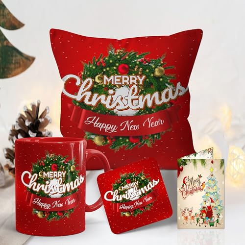 Gift Arcadia Merry Christmas Gift Combo with Mug & Cup, Cushion, Coaster and Greeting Card Pack of 4, 330ml | Best Gift for Christmas, Return Gifts - Image 1