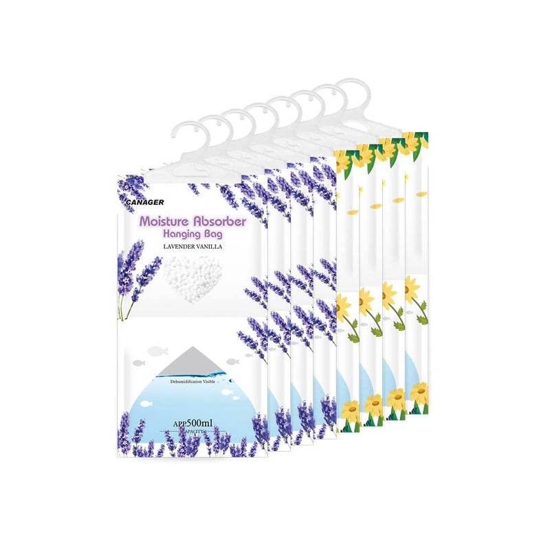 CANAGER Hanging Moisture Absorber Fresh Scent and Lavender Vanilla Moistureproof Hanging BagDehumidifier Bag 8 packs Hanging Closet Dehumidifier Bags Moisture Absorb 125 oz