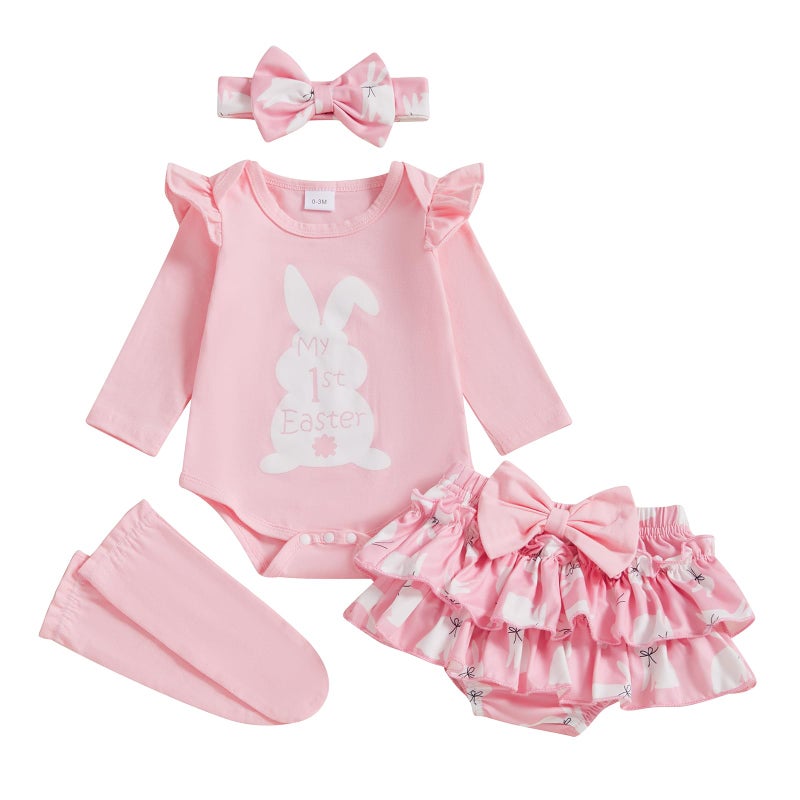 BeQeuewll Newborn Baby Girl Easter Outfit Bunny Clothes Long Sleeve Romper+Bloomers Tutu Skirt+Socks+Headband 4Pcs (1st Easter, 6-9 Months) - Image 1