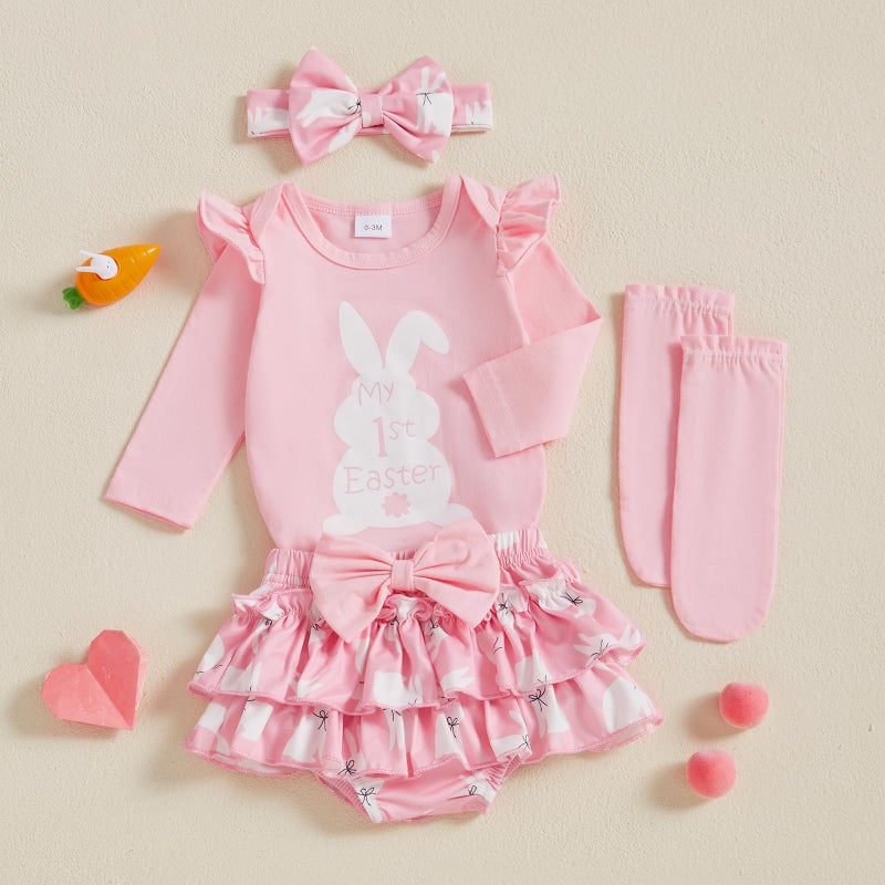 BeQeuewll Newborn Baby Girl Easter Outfit Bunny Clothes Long Sleeve Romper+Bloomers Tutu Skirt+Socks+Headband 4Pcs (1st Easter, 6-9 Months) - Image 4