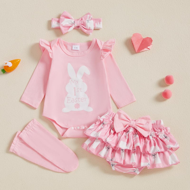 BeQeuewll Newborn Baby Girl Easter Outfit Bunny Clothes Long Sleeve Romper+Bloomers Tutu Skirt+Socks+Headband 4Pcs (1st Easter, 6-9 Months) - Image 2