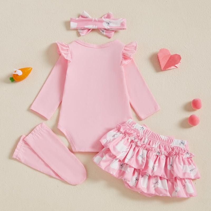 BeQeuewll Newborn Baby Girl Easter Outfit Bunny Clothes Long Sleeve Romper+Bloomers Tutu Skirt+Socks+Headband 4Pcs (1st Easter, 6-9 Months) - Image 3