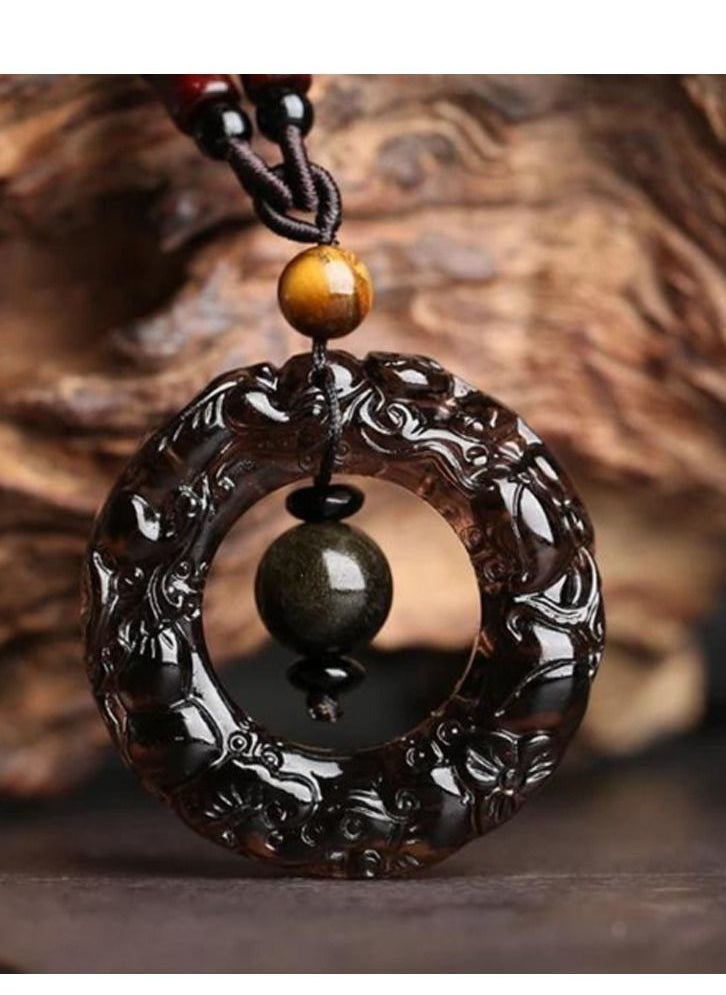 Vitalia - Natural obsidian necklace and black rope decorated with beads - Image 1