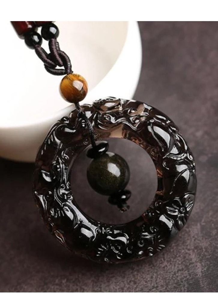 Vitalia - Natural obsidian necklace and black rope decorated with beads - Image 1