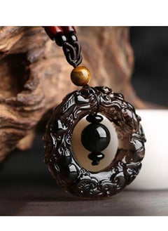 Natural obsidian necklace and black rope decorated with beads