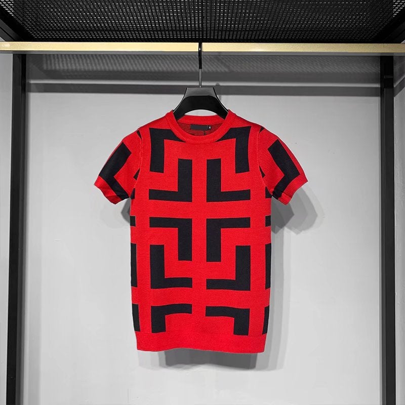 Short-sleeved Sweater Mens Slim-fit plus size Jacquard Spring and Summer Knitwear Half-sleeved Youth Stretch Handsome Short-sleeved T-shirt Red - Image 1