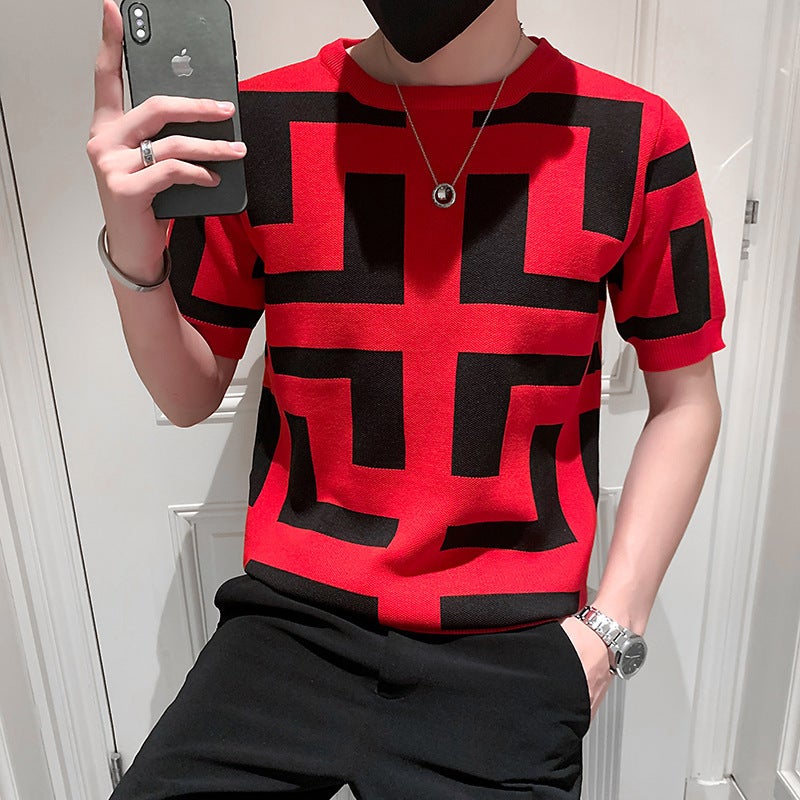 Short-sleeved Sweater Mens Slim-fit plus size Jacquard Spring and Summer Knitwear Half-sleeved Youth Stretch Handsome Short-sleeved T-shirt Red - Image 5