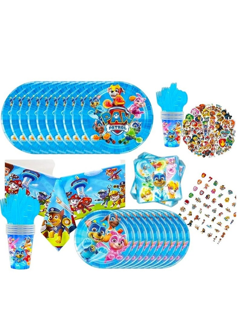 Tamona Paw Patrol Party Tableware, Decorative New Birthday Set Including Plates, Forks, Spoons, Paper Cups, Paper Towels, Tablecloths, Stickers for Boys & Girls – 111 Pcs.  - Image 1