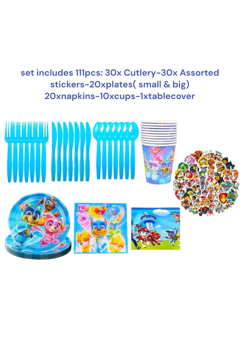 Tamona Paw Patrol Party Tableware, Decorative New Birthday Set Including Plates, Forks, Spoons, Paper Cups, Paper Towels, Tablecloths, Stickers for Boys & Girls – 111 Pcs.  - Image 2
