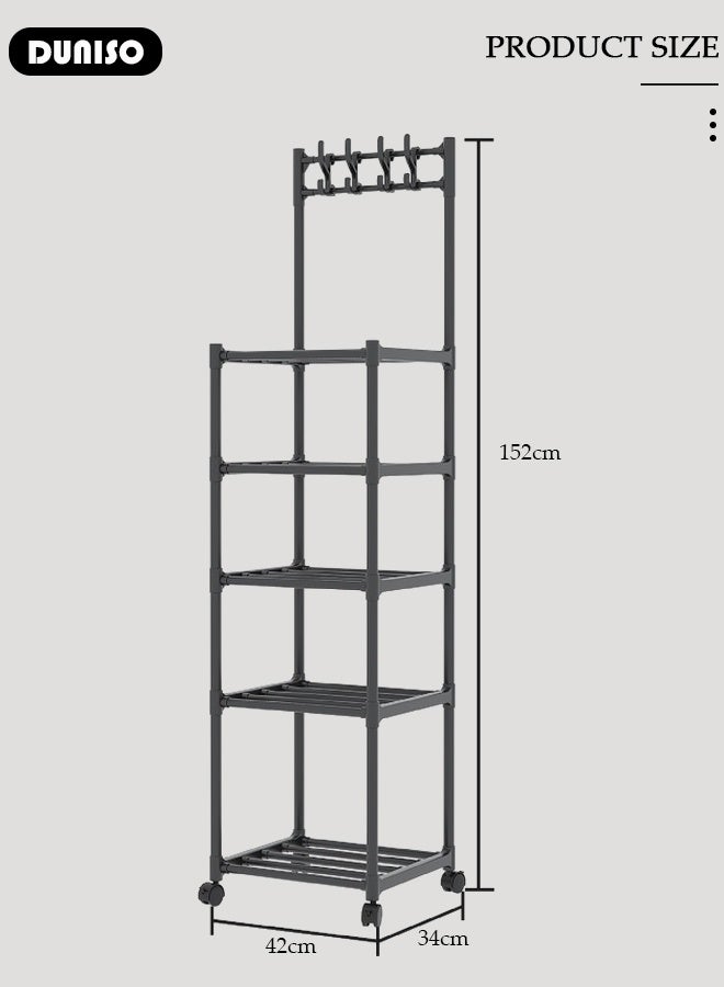 DUNISO 5-Tier Shelves Organizer Rack,Kitchen Storage Shelf Organizer with Top Hooks, Movable Multifunctional Storage Rack, for Laundry Bathroom Kitchen Garage Pantry Organization - Image 2