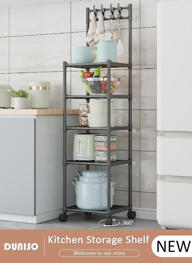 DUNISO 5-Tier Shelves Organizer Rack,Kitchen Storage Shelf Organizer with Top Hooks, Movable Multifunctional Storage Rack, for Laundry Bathroom Kitchen Garage Pantry Organization - Image 1