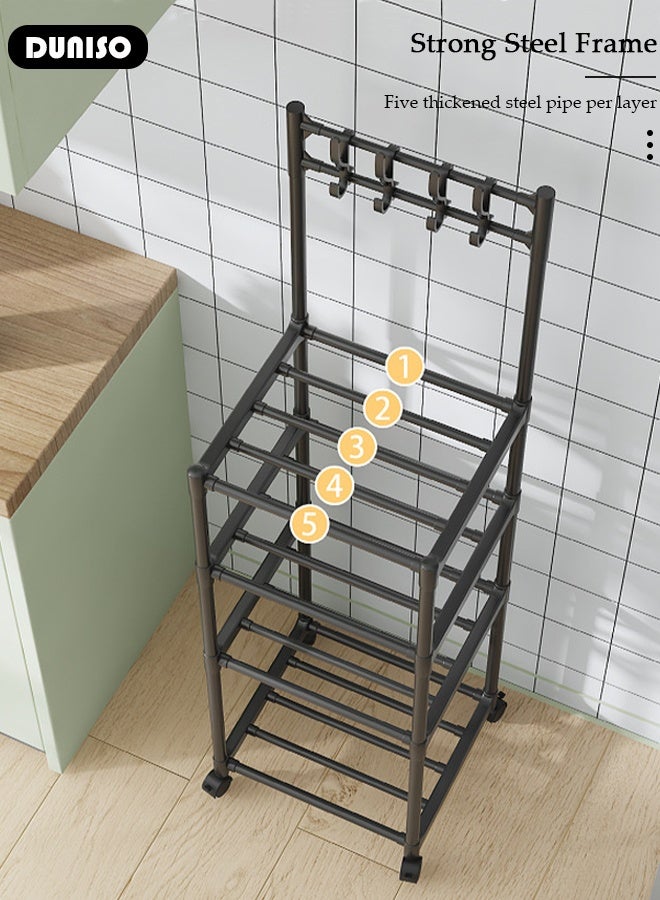 DUNISO 5-Tier Shelves Organizer Rack,Kitchen Storage Shelf Organizer with Top Hooks, Movable Multifunctional Storage Rack, for Laundry Bathroom Kitchen Garage Pantry Organization - Image 5