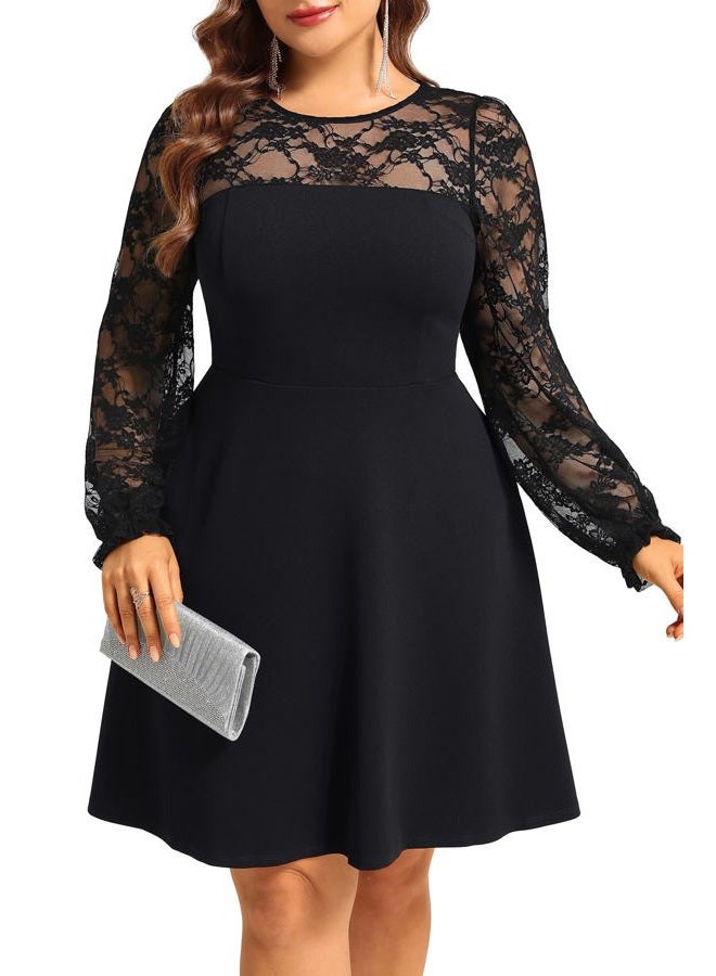 Talisea Plus Size Cocktail Dress - Lace Wedding Guest Party Crew Neck Short A Line Dresses Women, Black Long Sleeve, 24 Plus - Image 2