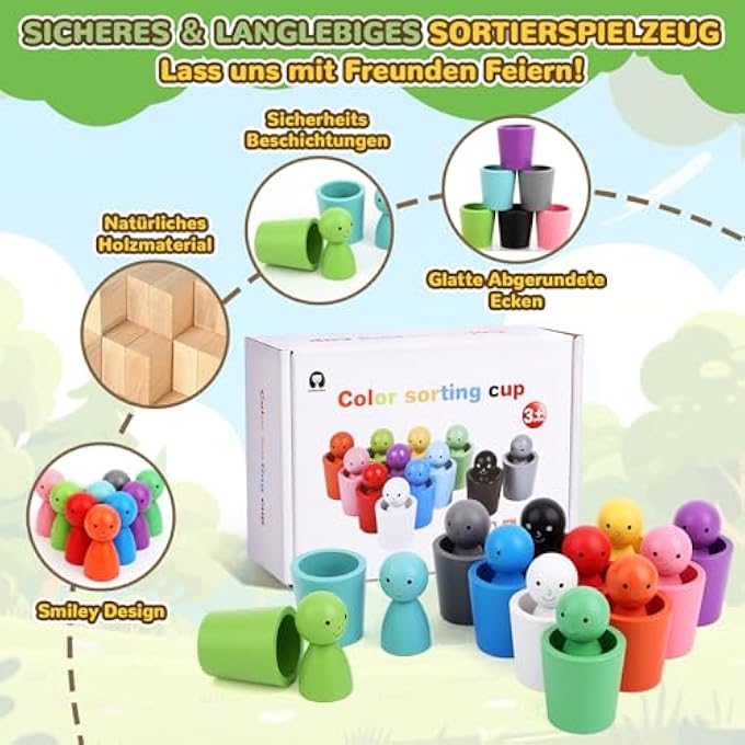 MONTESSORI TOY FROM 3 YEARS, WOODEN SORTING STACKING STONES TOY, 12 BALLS RAINBOW WOODEN BALLS IN CUPS, WOODEN TOY FOR COUNTING AND SORTING COLOURS, LEARNING, GIFT FROM 2-5 YEARS (A) - Image 3