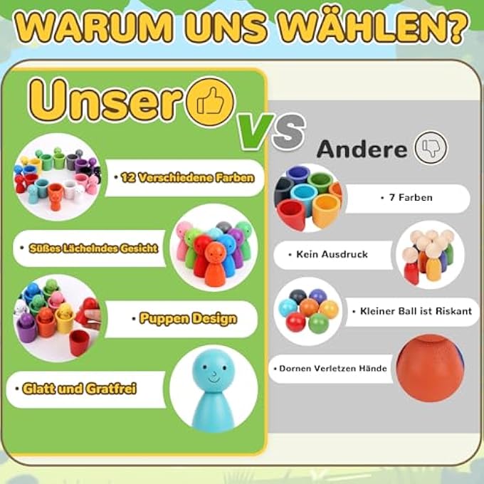 MONTESSORI TOY FROM 3 YEARS, WOODEN SORTING STACKING STONES TOY, 12 BALLS RAINBOW WOODEN BALLS IN CUPS, WOODEN TOY FOR COUNTING AND SORTING COLOURS, LEARNING, GIFT FROM 2-5 YEARS (A) - Image 4