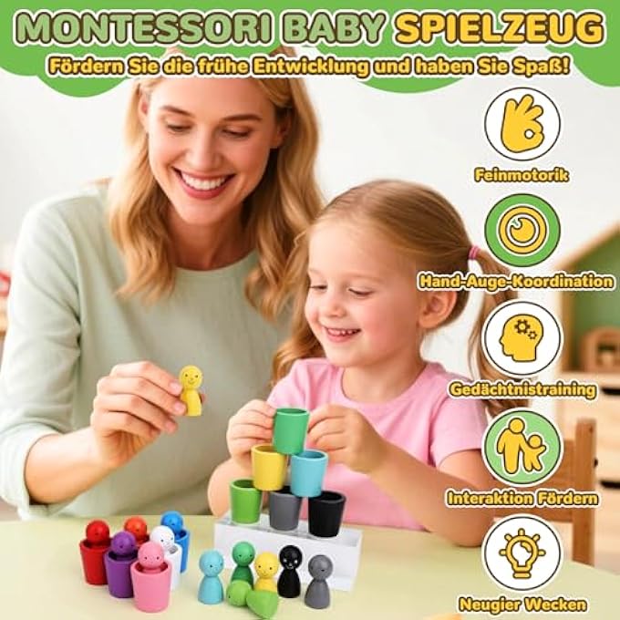 MONTESSORI TOY FROM 3 YEARS, WOODEN SORTING STACKING STONES TOY, 12 BALLS RAINBOW WOODEN BALLS IN CUPS, WOODEN TOY FOR COUNTING AND SORTING COLOURS, LEARNING, GIFT FROM 2-5 YEARS (A) - Image 2