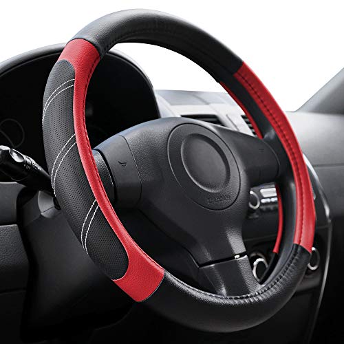 Elantrip Leather Steering Wheel Cover 15 1/2 to 16 inch Universal Large Grip Breathable for Car Truck SUV Jeep Anti Slip Black and Red - Image 1
