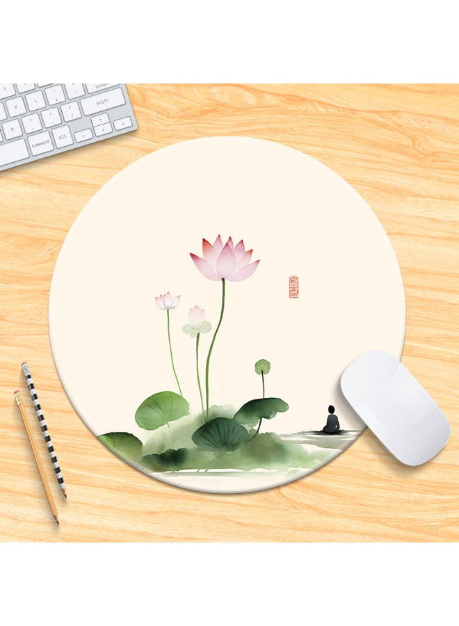 National Tide Lotus Small Size Mouse Pad Chinese Style Brush Painting Office Desk Mat Lock Edge Thickened Round Simple Flower And Bird For Men 