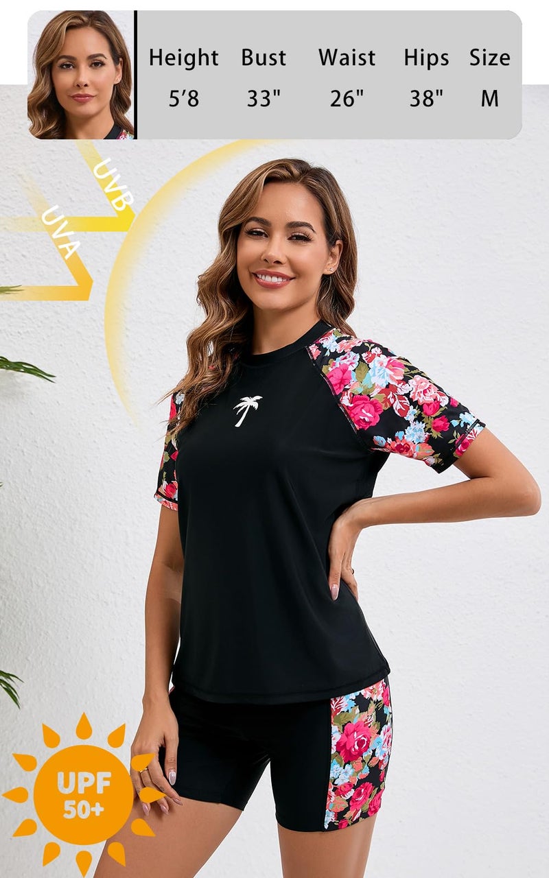 Halcurt Women's Two Piece Rash Guard with Boyshorts Padded Swim Shirts and Shorts Black 2XL - Image 4