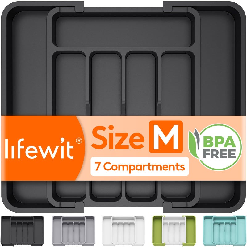 Lifewit Silverware Drawer Organizer Expandable BPA Free Utensil Tray for Kitchen Adjustable Flatware and Cutlery Holder for Spoons Forks Knives Plastic Kitchen Organizers and Storage Black