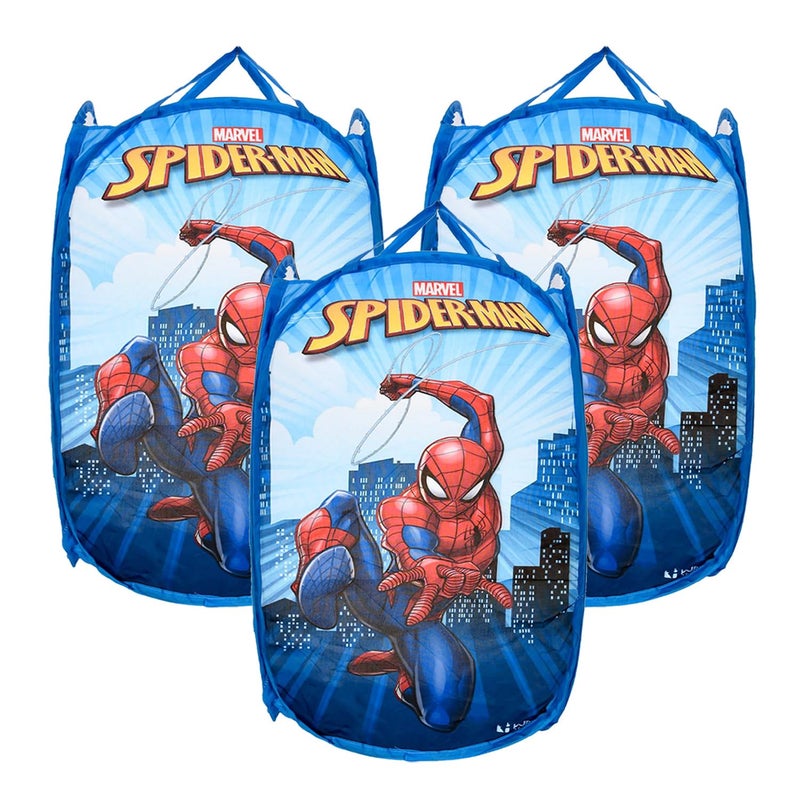 Kuber Industries Laundry Basket | Marvel Spiderman Net Foldable Laundry | Nylon Storage Basket with Handle For Home | Basket for Toy Storage | 30 LTR | Pack of 3 | Sky Blue - Image 1
