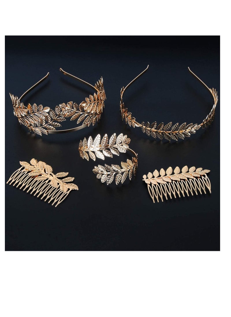 Excefore - 7 PCS Greek Roman Laurel Leaf Bracelet Armband Golden Crown Tiara Costume Headband Hair Comb Bridal Wedding Headpiece - Image 1