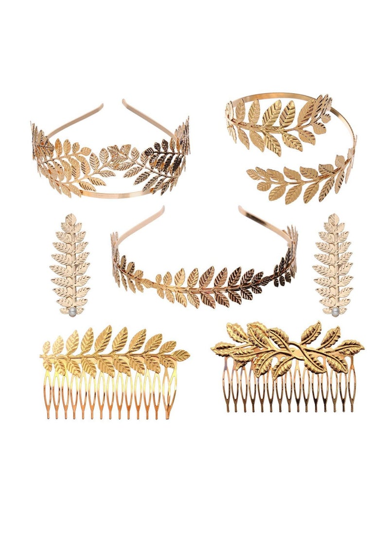 Excefore - 7 PCS Greek Roman Laurel Leaf Bracelet Armband Golden Crown Tiara Costume Headband Hair Comb Bridal Wedding Headpiece - Image 1