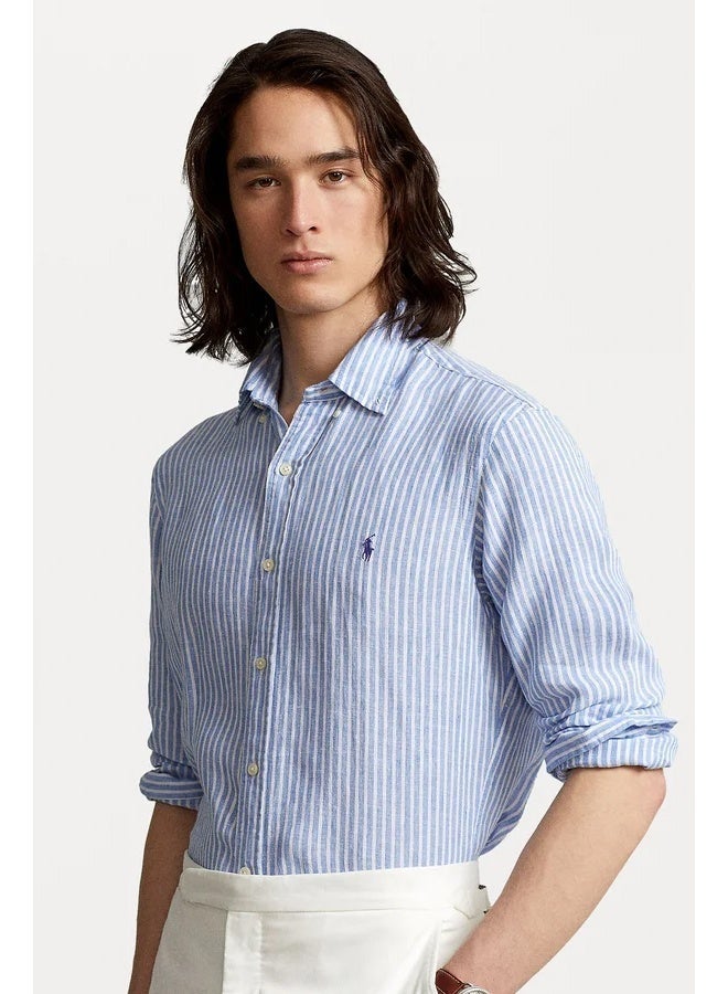 POLO Ralph Lauren Mens Blue Striped Custom Fit Linen Shirt - Image 3