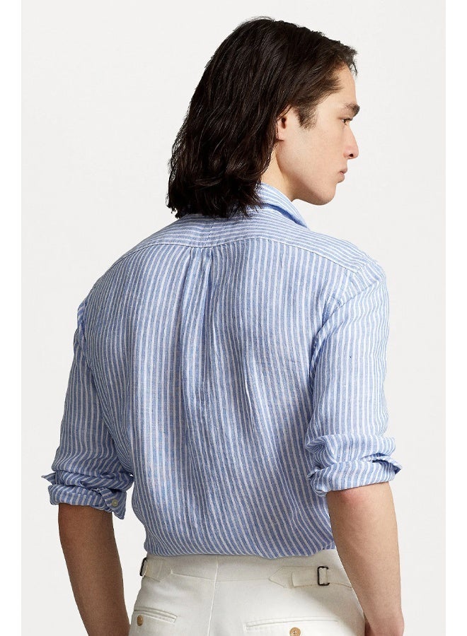 POLO Ralph Lauren Mens Blue Striped Custom Fit Linen Shirt - Image 2