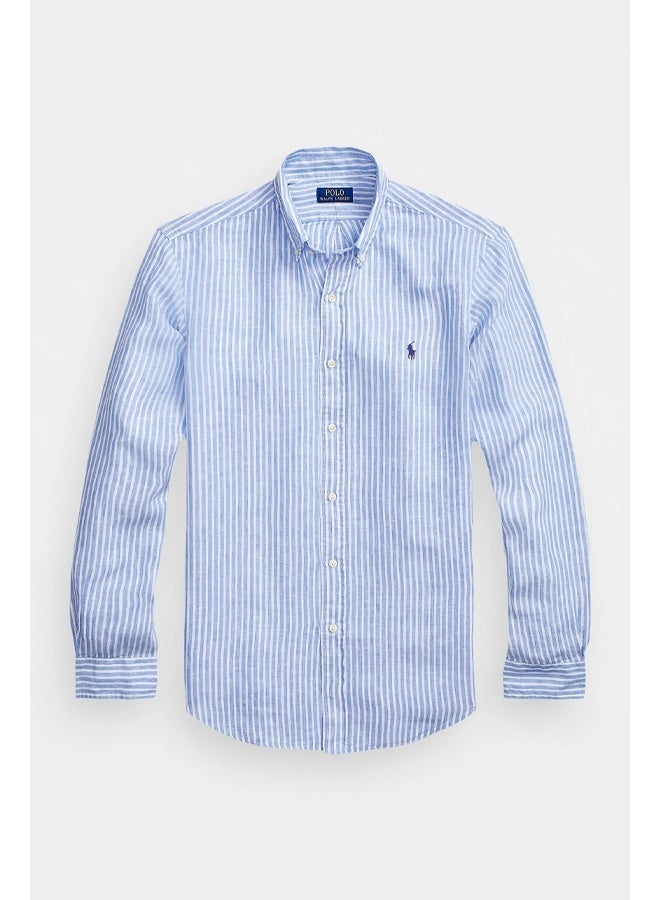 POLO Ralph Lauren Mens Blue Striped Custom Fit Linen Shirt - Image 4