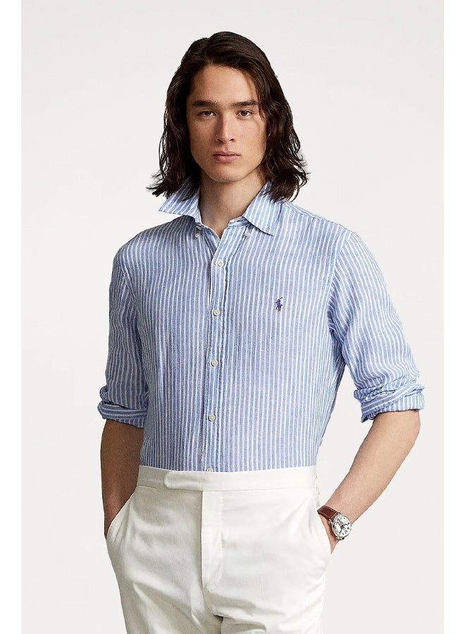 POLO Ralph Lauren Mens Blue Striped Custom Fit Linen Shirt - Image 5