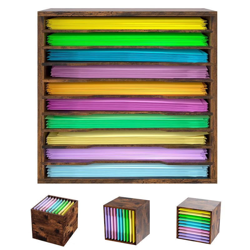 EasyPAG Scrapbook Paper Storage Organizer for Craft Room, 12x12 Paper Storage Desk Shelf, 10 Slot Adjustable File Sorter for Office School Classroom, Antique - Image 1
