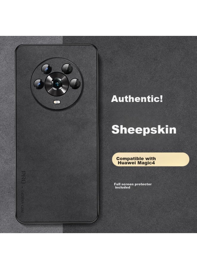 Shangsu, Suitable For Honor Magic4 Phone Case, Huawei Honor Magic4 Protective Cover, Shockproof Full Coverage Soft Case, Simple Luxury Lambskin Outer Shell, Women's And Men's Leather Case, Black - Image 1