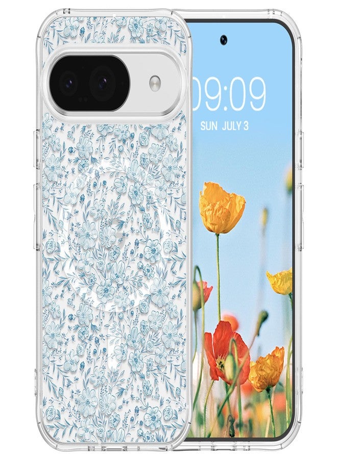 RALEAVO جراب RALEAVO لهاتف Google Pixel 10/10 Pro، [متوافق مع Magsafe] جراب مغناطيسي واقٍ مقاوم للصدمات بنقشة زهور، جراب سيليكون شفاف مضاد للاصفرار لهاتف Pixel 10 Pro/10 بنقشة زهور زرقاء - Image 1