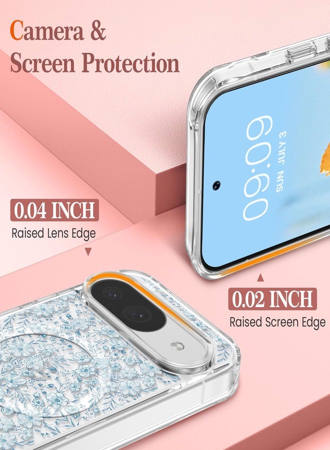 RALEAVO جراب RALEAVO لهاتف Google Pixel 10/10 Pro، [متوافق مع Magsafe] جراب مغناطيسي واقٍ مقاوم للصدمات بنقشة زهور، جراب سيليكون شفاف مضاد للاصفرار لهاتف Pixel 10 Pro/10 بنقشة زهور زرقاء - Image 3