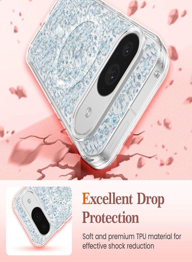 RALEAVO جراب RALEAVO لهاتف Google Pixel 10/10 Pro، [متوافق مع Magsafe] جراب مغناطيسي واقٍ مقاوم للصدمات بنقشة زهور، جراب سيليكون شفاف مضاد للاصفرار لهاتف Pixel 10 Pro/10 بنقشة زهور زرقاء - Image 4