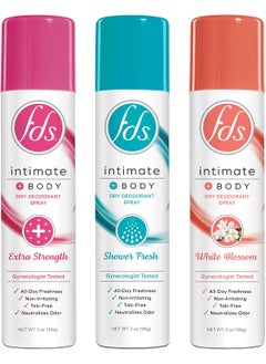 FDS FDS Intimate Deodorant Feminine Spray for All Day Freshness & Odor Protection, Variety Pack Shower Fresh + White Blossom, pH-balanced, Talc-Free, Gynecologist Tested, Delicate Breeze, 2 Oz, Pack of 3 