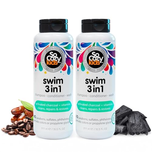 SO COZY SoCozy Kids Swim 3-in-1 Shampoo + Conditioner + Body Wash (10.5 Fl Oz, Pack of 2) Gentle Combo Hair & Body Cleanser for Swimmers, Salt & Chlorine-Removing Activated Charcoal, Paraben & Sulfate-Free - Image 1