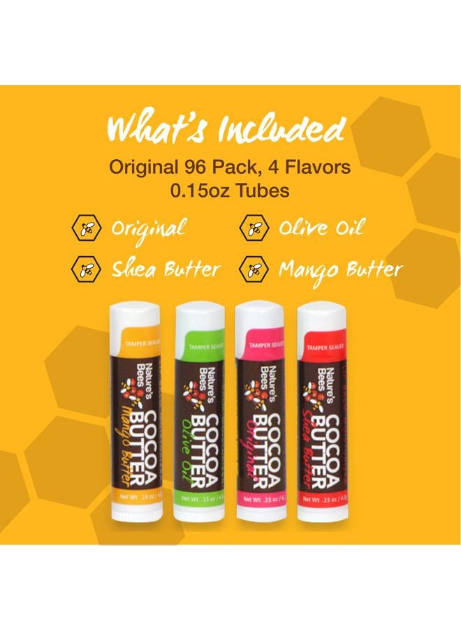 Nature's Bees - Cocoa Butter Lip Balm, Original, Shea Butter, Olive Oil and Mango, Bulk Lip Care Pack for Dry Lips, Made with Coconut Oil, Beeswax, Vitamin E, Aloe, 0.15 oz 4 Flavors, 96 Pack - Image 1